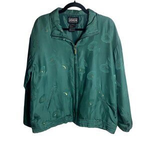 Vintage Abvien Size M Silk Bomber Jacket Green Metallic Gold Floral Full Zip 80s
